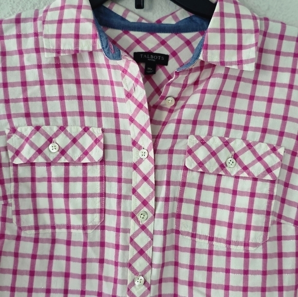 Talbots Shiry Womens Sz PM Pink White Plaid Button Up Minimalist Roll Tab Sleeve - Picture 4 of 10
